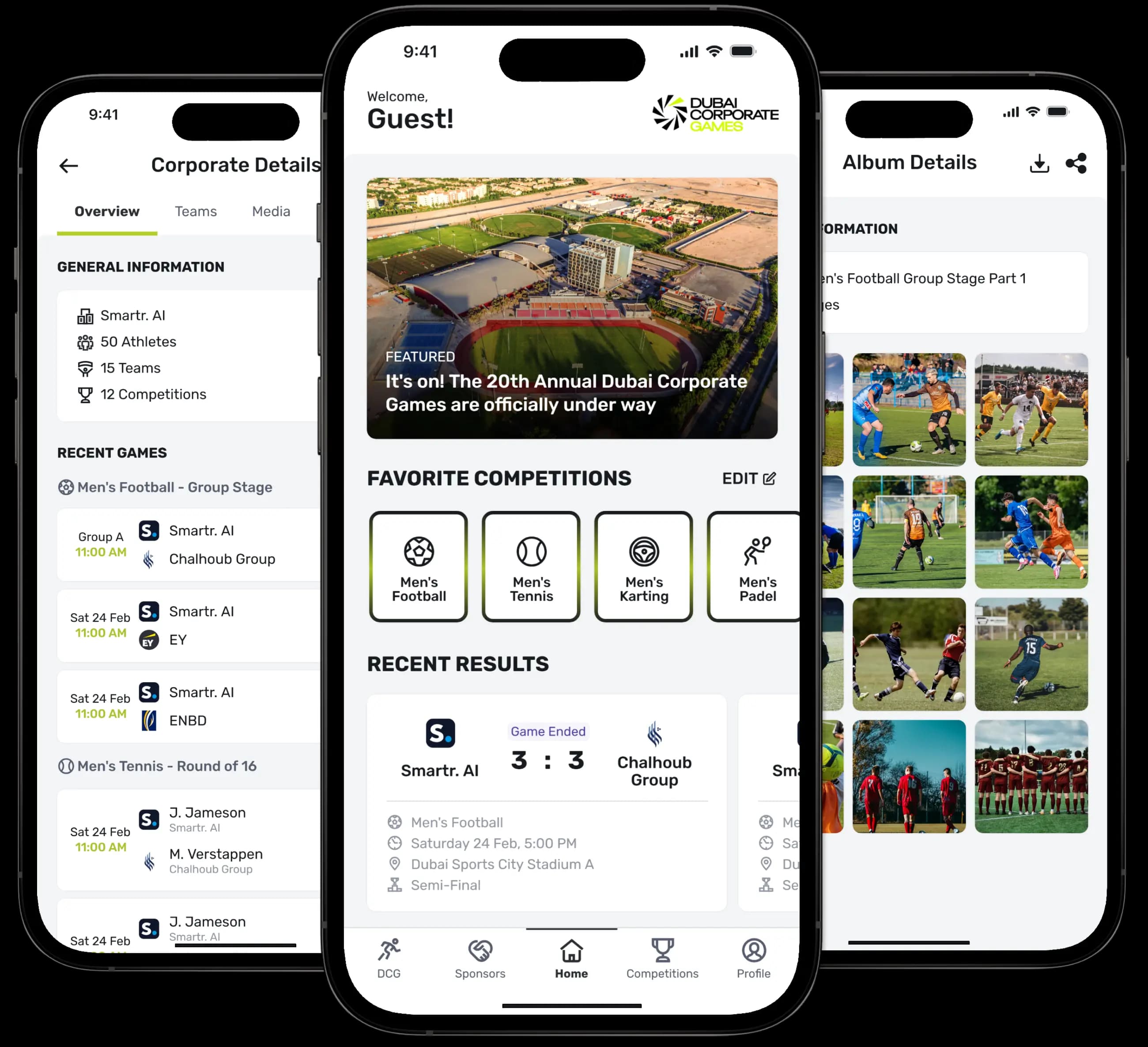 Three screens of the Dubai Corporate Games app: a company’s teams and fixtures, the home screen with competitions and results, and a match album
