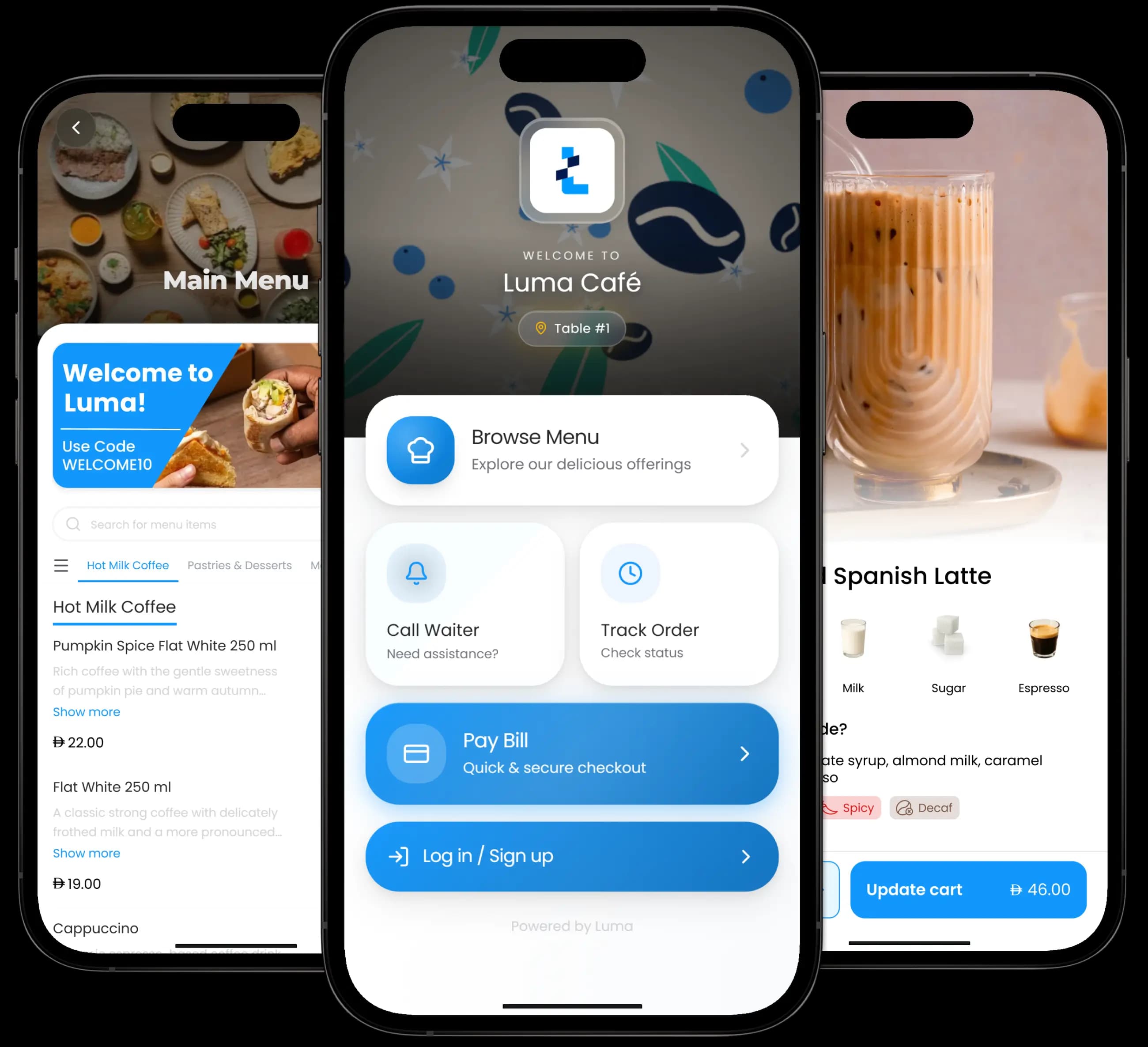 Three screens of the Luma app: a venue’s menu, the welcome screen with ordering, waiter call and bill payment, and an item page