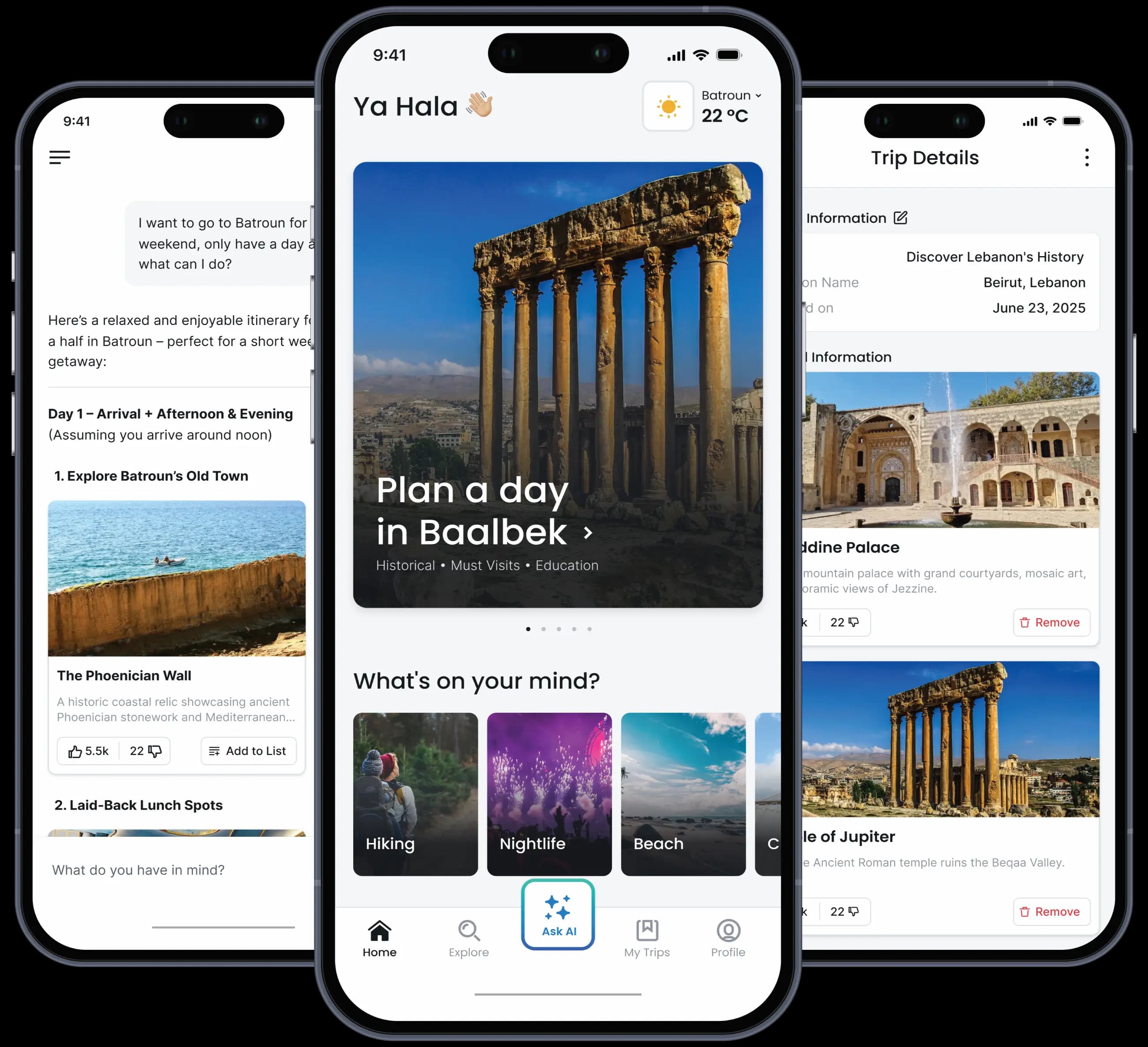 Three screens of the Lebanese Ministry of Tourism app: an AI trip plan, the home screen with Baalbek, and trip details