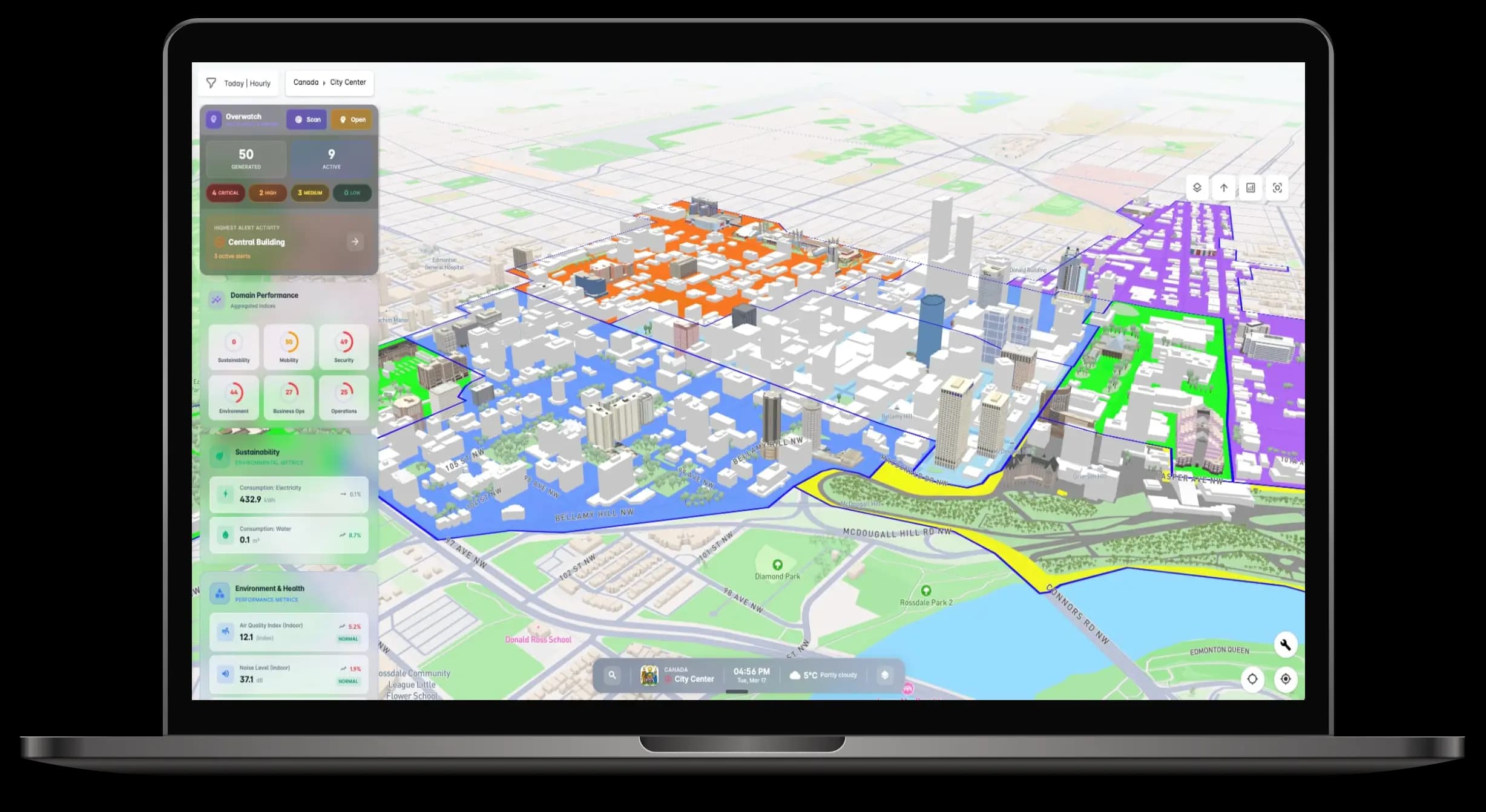 The Picacity digital twin: a 3D city model of Edmonton on a laptop, with district overlays and a live metrics panel