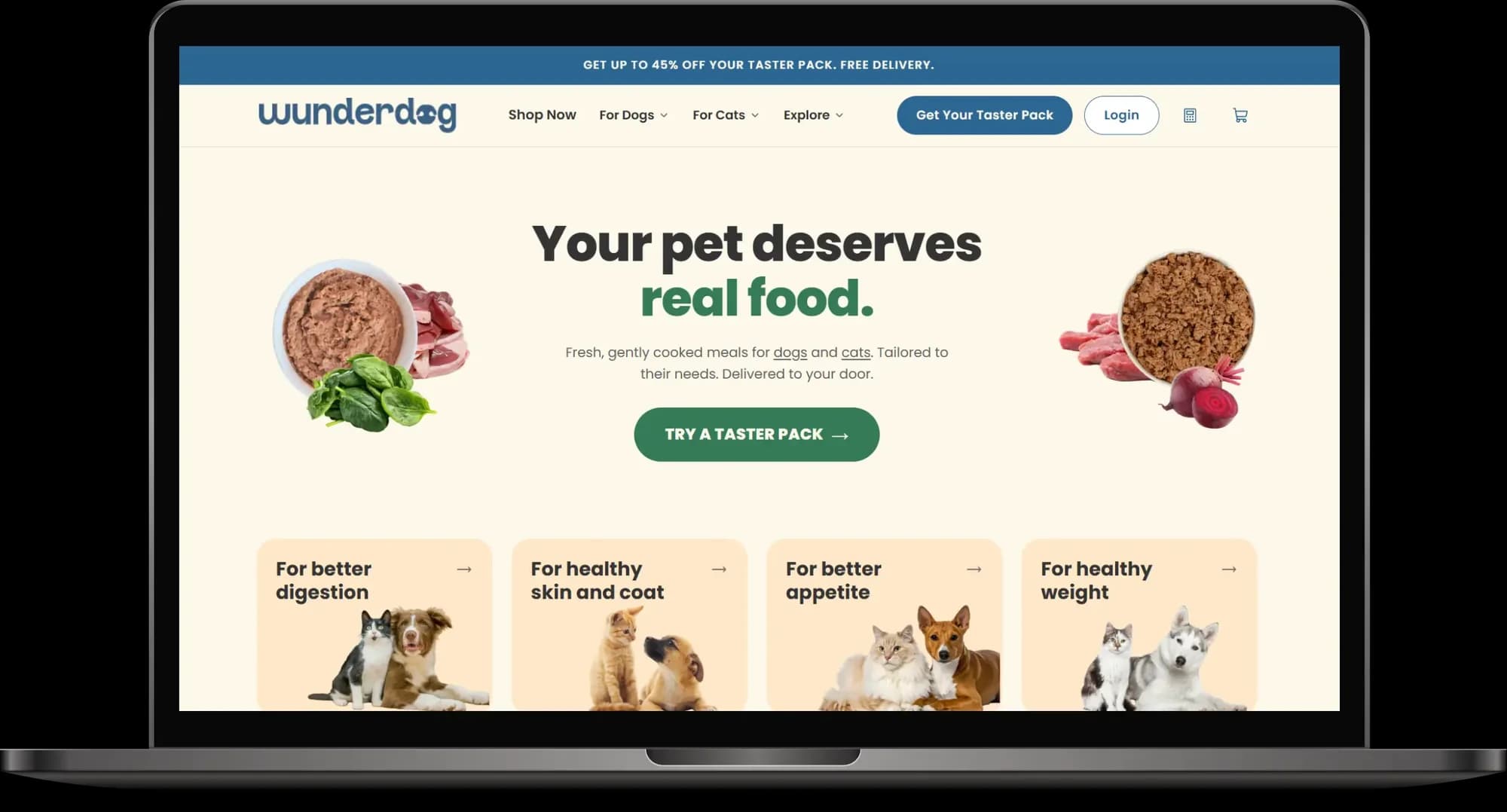 The Wunderdog storefront on a laptop: fresh, gently cooked meals for dogs and cats, delivered